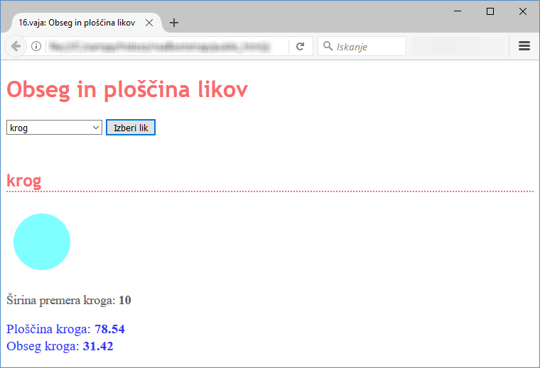 Slika 16.vaje: Obseg in ploščina likov - podatki kroga